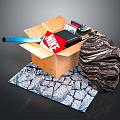Open Cardboard Box with Nike Box Black Trash Bag on Cracked Mat