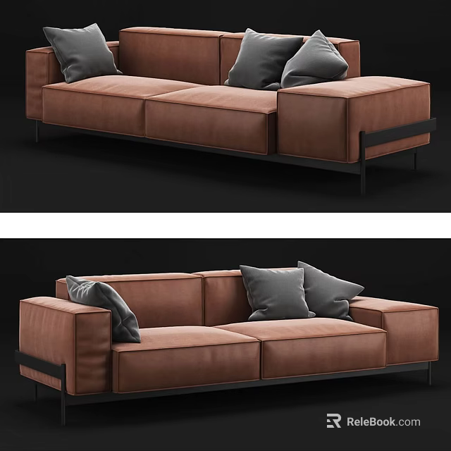 Modern Brown Double Sofa With Gray Cushions And Metal Frame Design 3d model