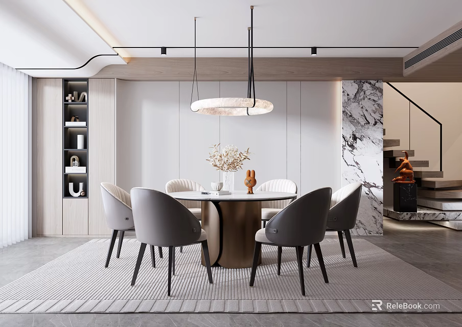 Modern Restaurant Interior With Round Dining Table Gray Chairs Hanging Light And Marble Wall 3d model 
