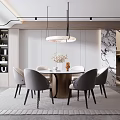 Modern Restaurant Interior With Round Dining Table Gray Chairs Hanging Light And Marble Wall