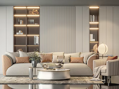 Modern Sofa and Coffee Table Set with Pillows Armchair Rug Striped Wall and Decorative Shelves 3d model