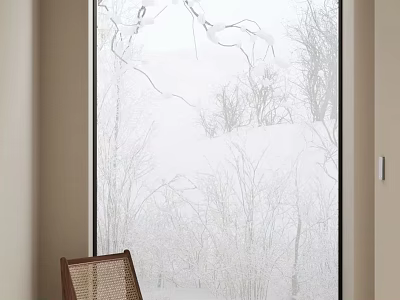Leisure Chair With Wooden Frame Woven Seat By Frosted Glass Window Showing Winter Snow Branches 3d model