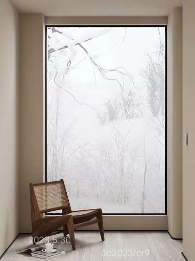 Leisure Chair With Wooden Frame Woven Seat By Frosted Glass Window Showing Winter Snow Branches 3d model