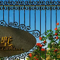 Ornate Black Iron Fence With Intricate Scrollwork Lakeshore Plaque Red Flowers And Green Vines
