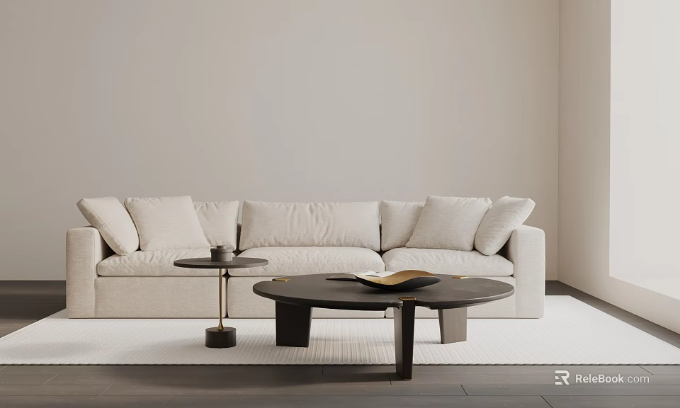 Minimalist Beige Three-Seater Sofa Living Room Interior With Coffee Table Rug Books And Coffee Cup 3d model 