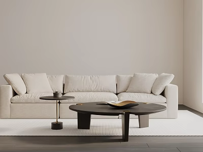 Minimalist Beige Three-Seater Sofa Living Room Interior With Coffee Table Rug Books And Coffee Cup 3d model