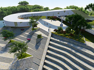 Modern Waterfront Landscape With Curved White Building Stepped Plazas And Green Trees 3d model