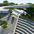 Modern Waterfront Landscape With Curved White Building Stepped Plazas And Green Trees