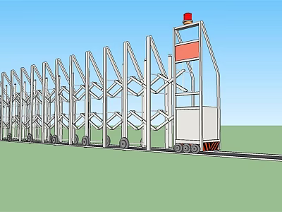 Outdoor Retractable Gate System with Multiple Sections Control Box and Red Warning Light 3d model