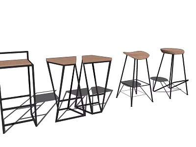 Multiple Modern Minimalist Bar Stools With Metal Frame And Wooden Seat 3d model