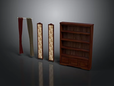 Red Green Floral Pattern Curtains And Brown Wooden Bookshelf For Home Decor 3d model