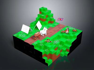 Pixel Art Scene With Green Terrain Path White Tents Unicorn And UK Flag 3d model
