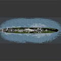 Green Military Warship Sailing on Blue Ocean Waves with Multiple Turrets and Upper Structures