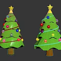 Festive Green Christmas Trees With Yellow Star Tops Colorful Balls And Gold Spiral Ornaments