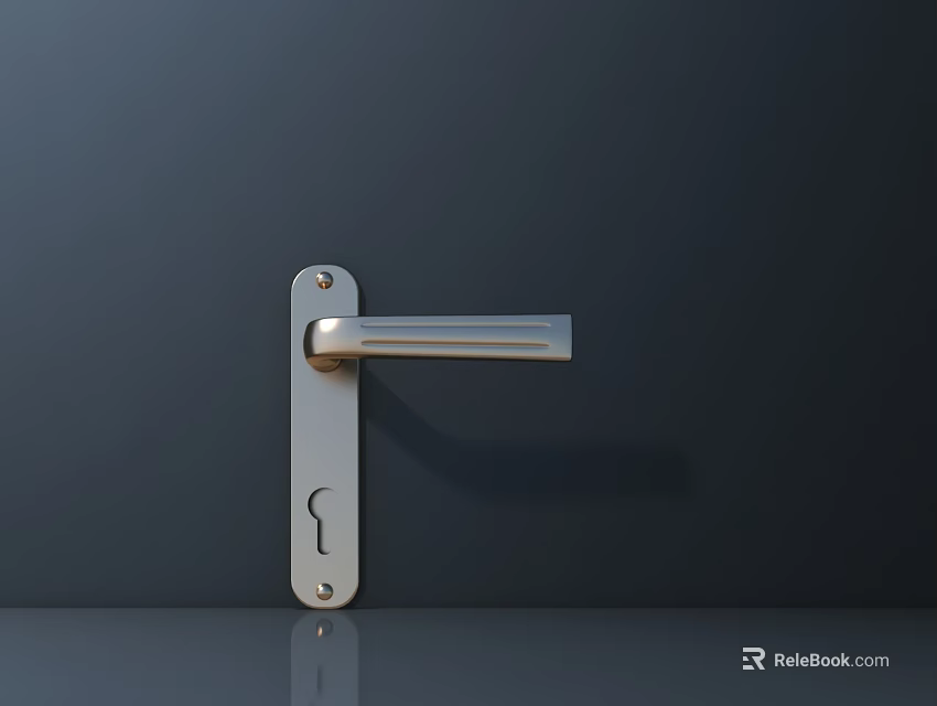 Silver Metal Door Handle With Long Striped Design Keyhole And Reflective Surface On Dark Gray Door 3d model 