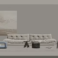 Modern Minimalist Sofa and Coffee Table Set with Blue Accent Chair and Wall Art