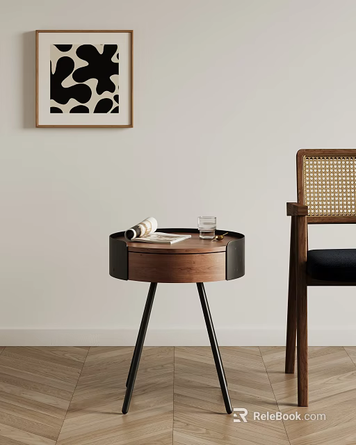 Round Wooden Side Table With Open Magazine Glass Near Rattan Backrest Chair By Light Wall 3d model 