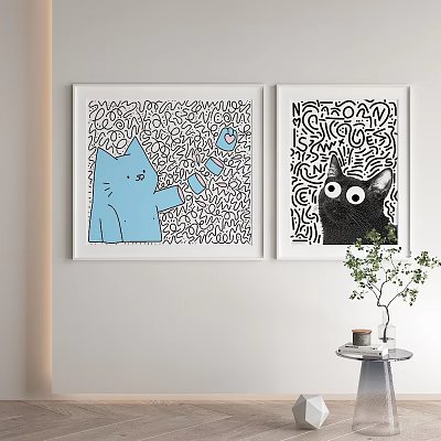 Abstract Cat Paintings Framed With Blue Black Feline Art And Abstract Lines Wall Decor 3d model