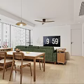 Modern Living Dining Area With Wooden Table Sofa Pendant Lights Ceiling Fan Blinds And TV