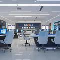 High Tech Security Control Room With Multiple Computer Monitors Workstations And Modern Lighting