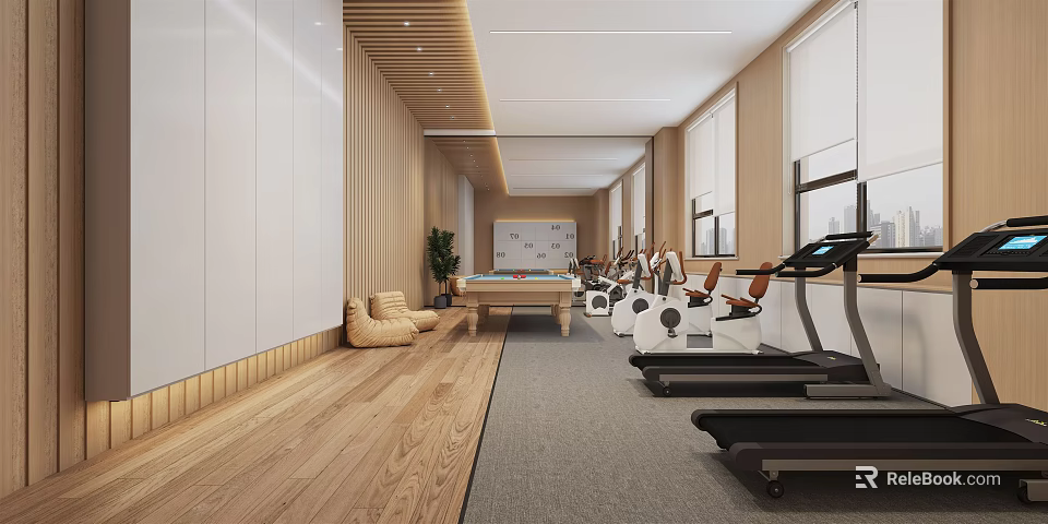 Fitness Gym Interior with Treadmills Exercise Bikes Pool Table and Wooden Flooring 3d model 