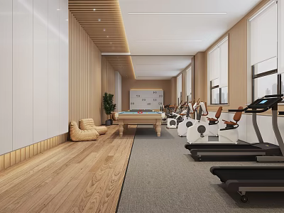 Fitness Gym Interior with Treadmills Exercise Bikes Pool Table and Wooden Flooring 3d model