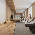 Fitness Gym Interior with Treadmills Exercise Bikes Pool Table and Wooden Flooring