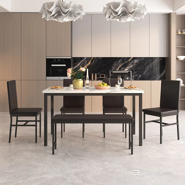 Modern Dining Table Set With Marble Top Black Chairs And Decorative Fruit Bowl 3d model 
