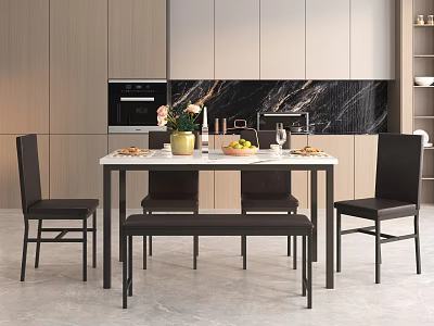 Modern Dining Table Set With Marble Top Black Chairs And Decorative Fruit Bowl 3d model