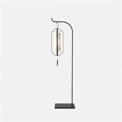 Modern Floor Lamp With Hanging Rectangular Lampshade Black Metal Stand And Decorative Tassel 3d model
