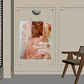 Textured Abstract Painting In Warm Tones On Paneled Wall With Wooden Chair And Window Blinds