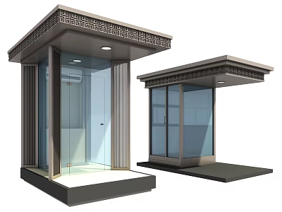 Modern Security Booth With Glass Walls And Traditional Decorative Roof Design 3d model