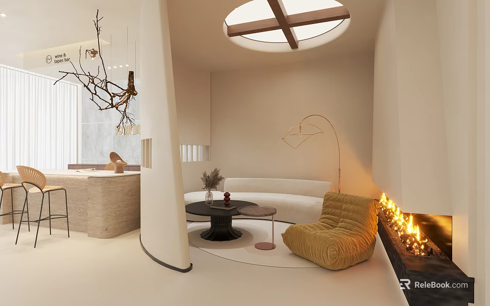 Minimalist Leisure Area Interior Design With Round Skylight Sofa And Fireplace 3d model 