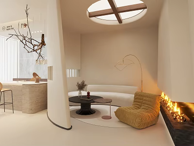 Minimalist Leisure Area Interior Design With Round Skylight Sofa And Fireplace 3d model