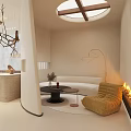 Minimalist Leisure Area Interior Design With Round Skylight Sofa And Fireplace