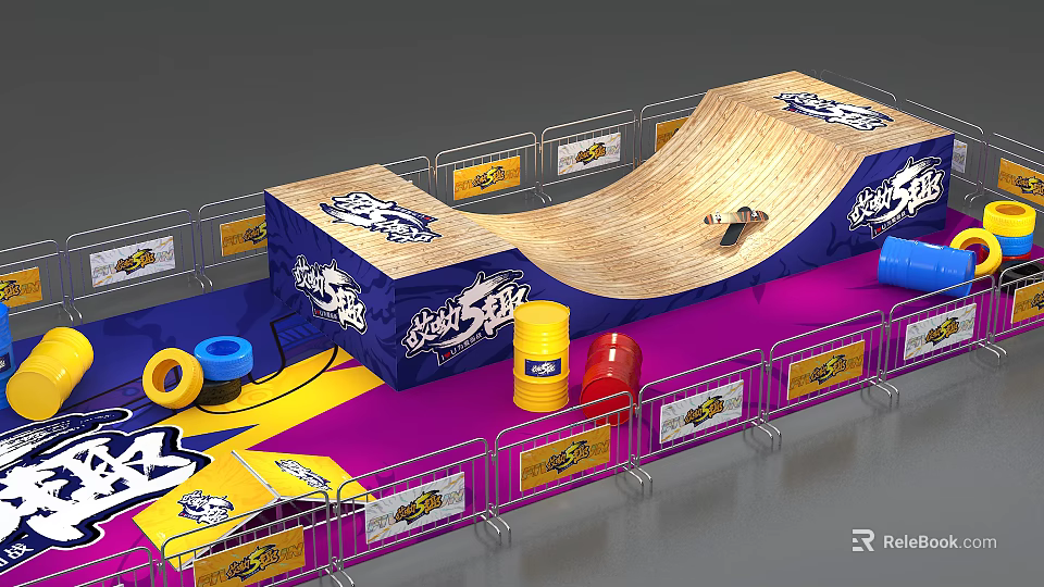 Colorful Amusement Equipment With Skateboard Ramp Barrels Safety Fencing And Logo Design 3d model 
