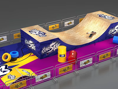 Colorful Amusement Equipment With Skateboard Ramp Barrels Safety Fencing And Logo Design 3d model