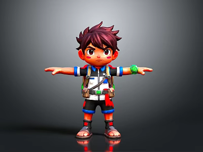 3D Boy Character Design With Brown Spiky Hair Backpack And Outstretched Arms 3d model