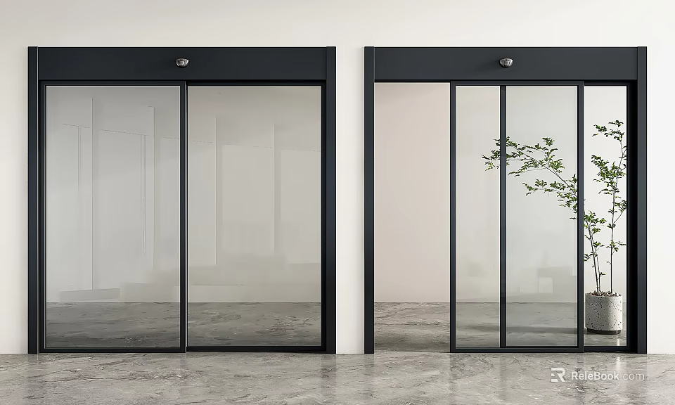 Interior With Black Frame Glass Sliding Doors Green Plant White Wall And Gray Concrete Floor 3d model 