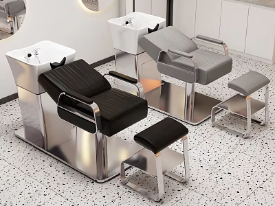 Public Facilities for Barbershop with Black Grey White Stainless Steel Chairs Shampoo Stations and Stools 3d model