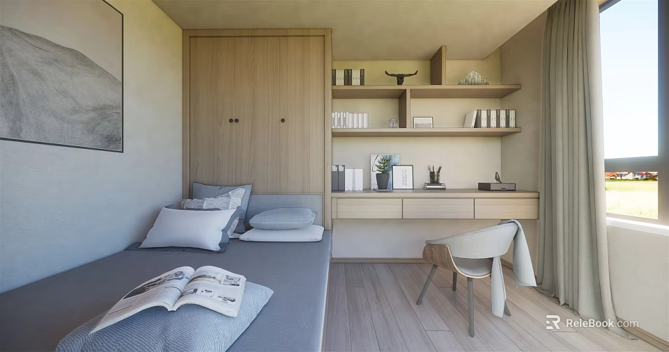 Tatami Bedroom Interior Design With Wooden Furniture Desk Bookshelf And Gray Bedding 3d model 