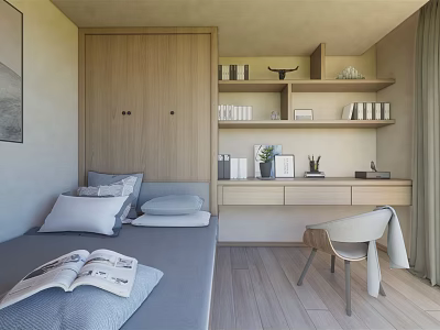 Tatami Bedroom Interior Design With Wooden Furniture Desk Bookshelf And Gray Bedding 3d model