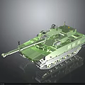 Green Armored Military Tank with Long Cannon Tracks Antenna and Reflective Surface
