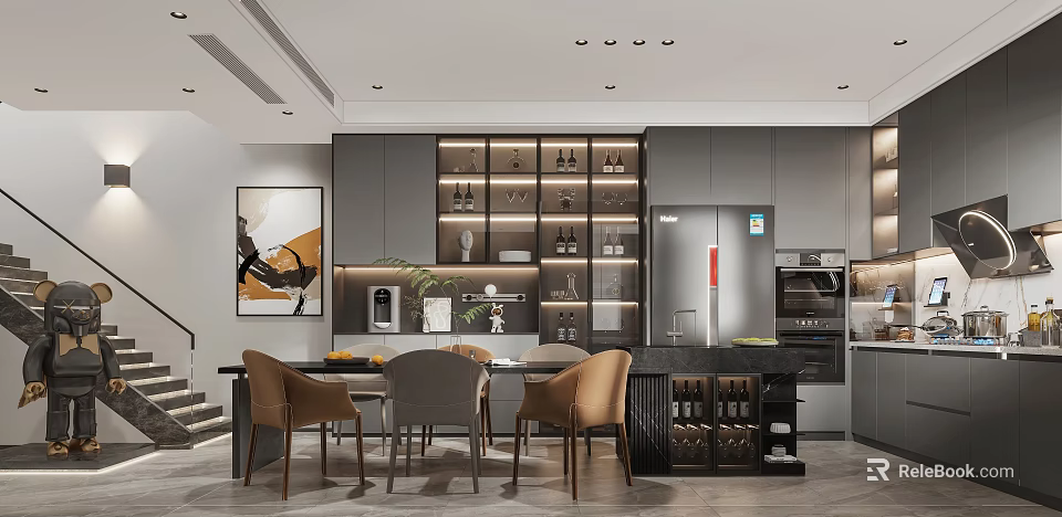 Elegant Modern Restaurant Interior With Dining Table Chairs Wine Rack And Wall Decor 3d model