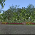 Green Shrubs with Colorful Flowers in Front and Lush Trees on Gravel Ground