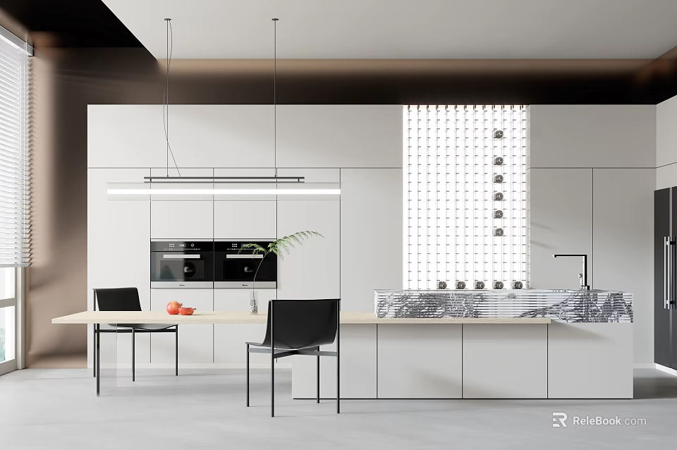 Modern Kitchen Interior With White Cabinets Marble Island Dining Table Black Chairs And Hanging Lights 3d model 