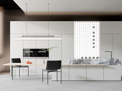 Modern Kitchen Interior With White Cabinets Marble Island Dining Table Black Chairs And Hanging Lights 3d model