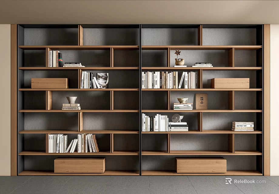 Modern Wooden Bookcase Interior With Layered Shelves Books Decor And Drawers 3d model 