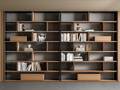 Modern Wooden Bookcase Interior With Layered Shelves Books Decor And Drawers 3d model