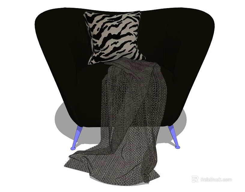 Stylish Black Single Sofa With Zebra Print Pillow Gray Throw Blanket And Blue Legs 3d model 